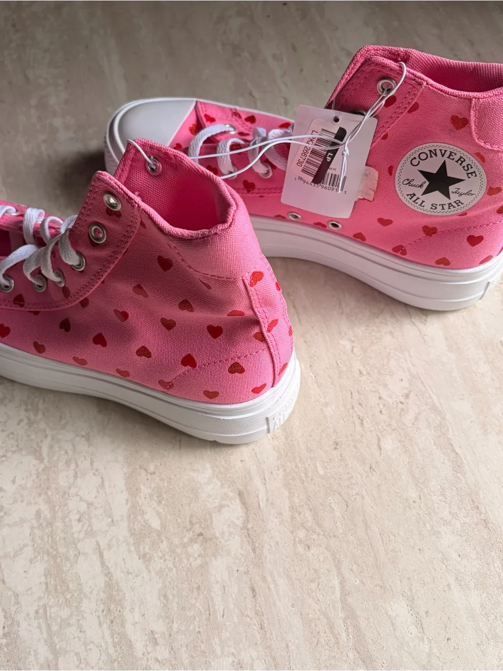 Converse Pink High-Top Platform Sneakers with Red Heart Print